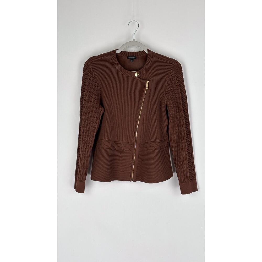 Talbots Mixed Cable Moto Sweater Knit Jacket Brown Womens Size Large Petite New - Picture 4 of 10